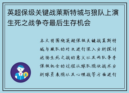 英超保级关键战莱斯特城与狼队上演生死之战争夺最后生存机会 英超保级关键战莱斯特城与狼队上演生死之战争夺最后生存机会