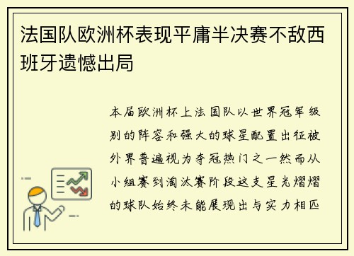 法国队欧洲杯表现平庸半决赛不敌西班牙遗憾出局